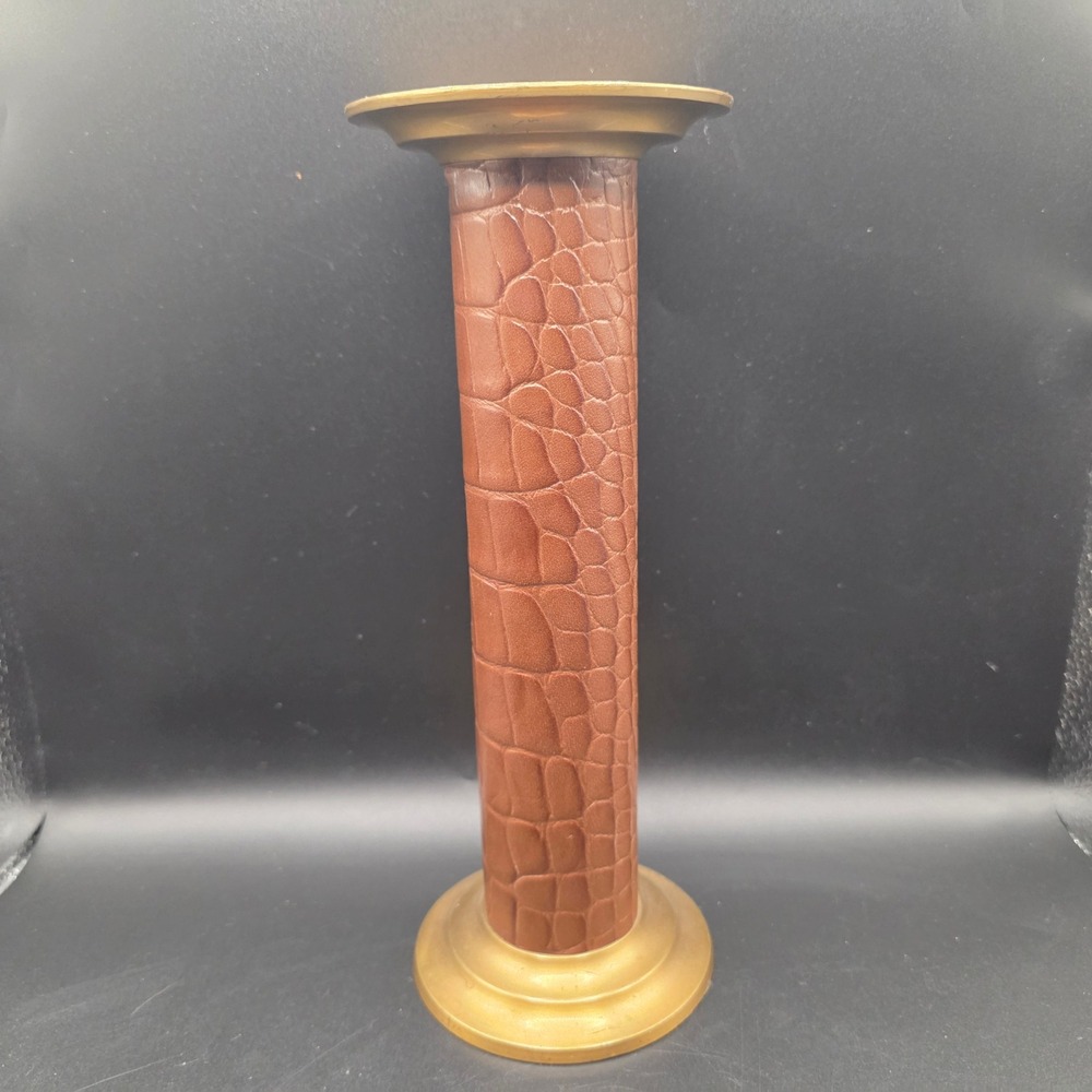 Vintage Brass and Brown Crocodile Leather Pillar Candle Holder Multiple Size 11"
